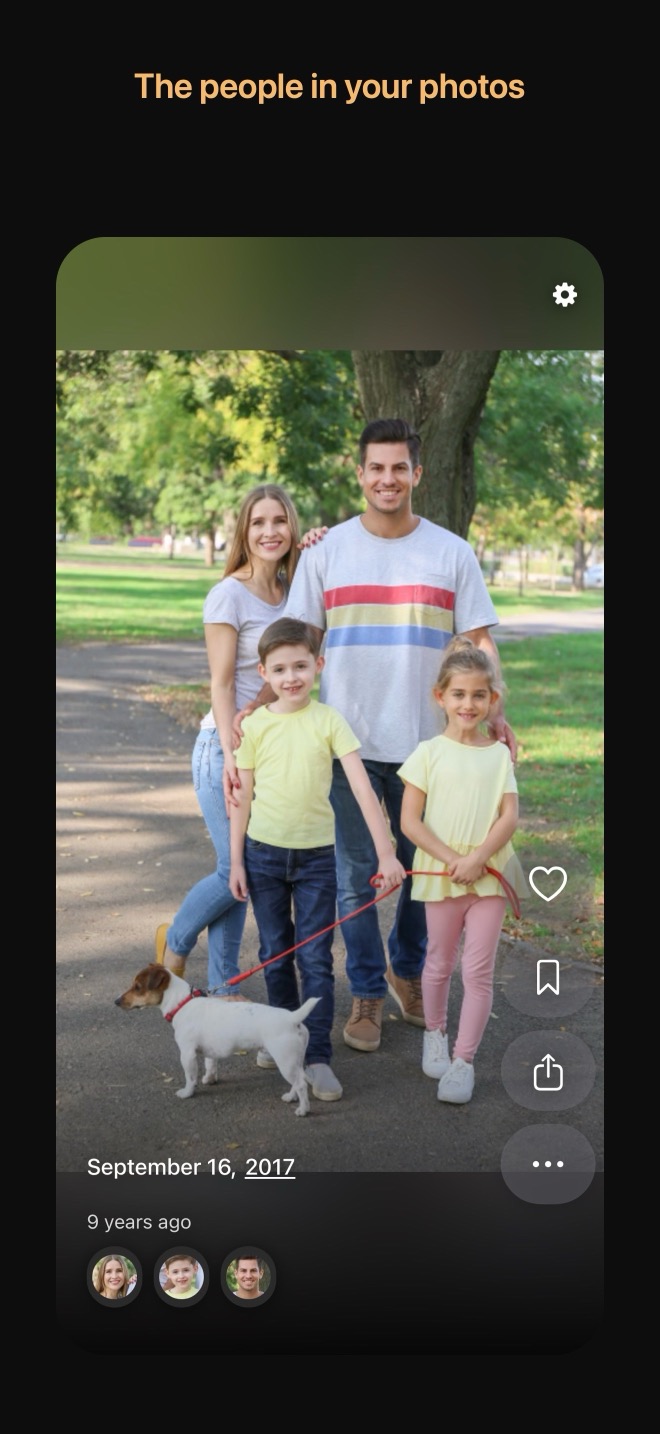 A family photograph in Fondly with three small face circles below it.